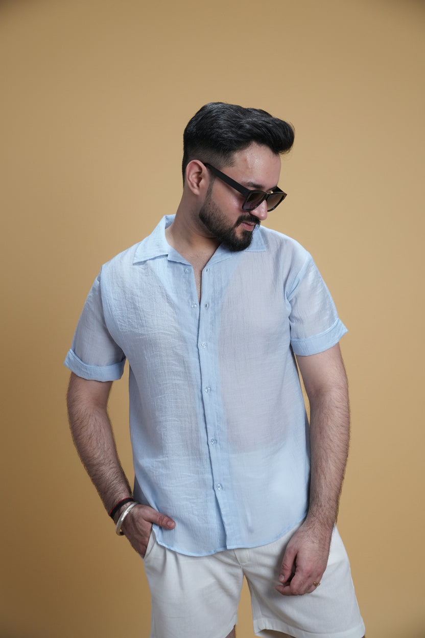 Men Ice Blue Colour Chiffon Buttoned Shirt