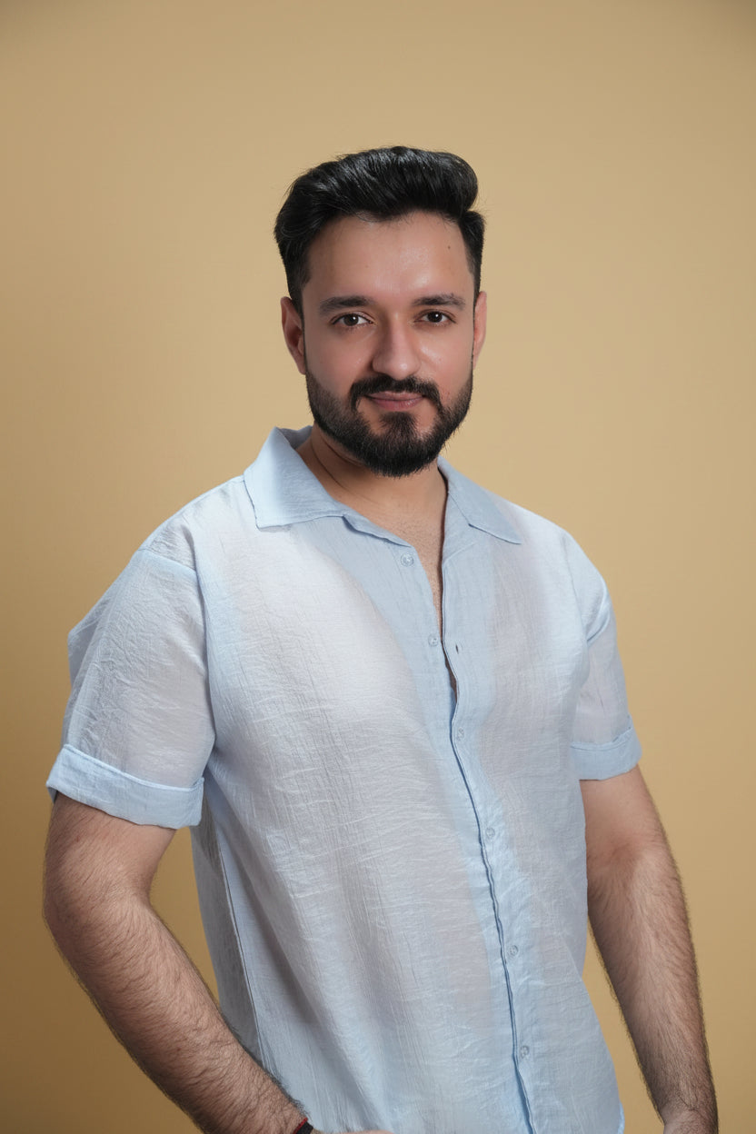 Men Ice Blue Colour Chiffon Buttoned Shirt