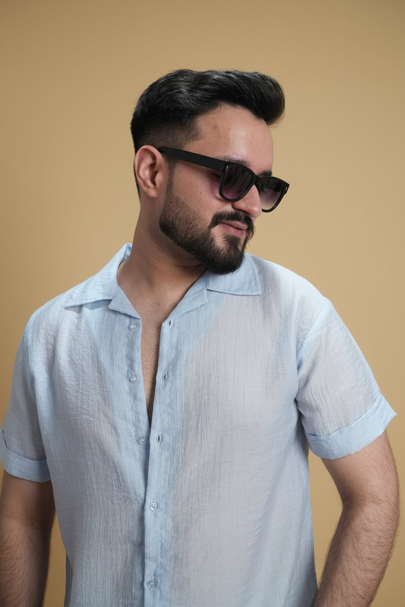 Men Ice Blue Colour Chiffon Buttoned Shirt
