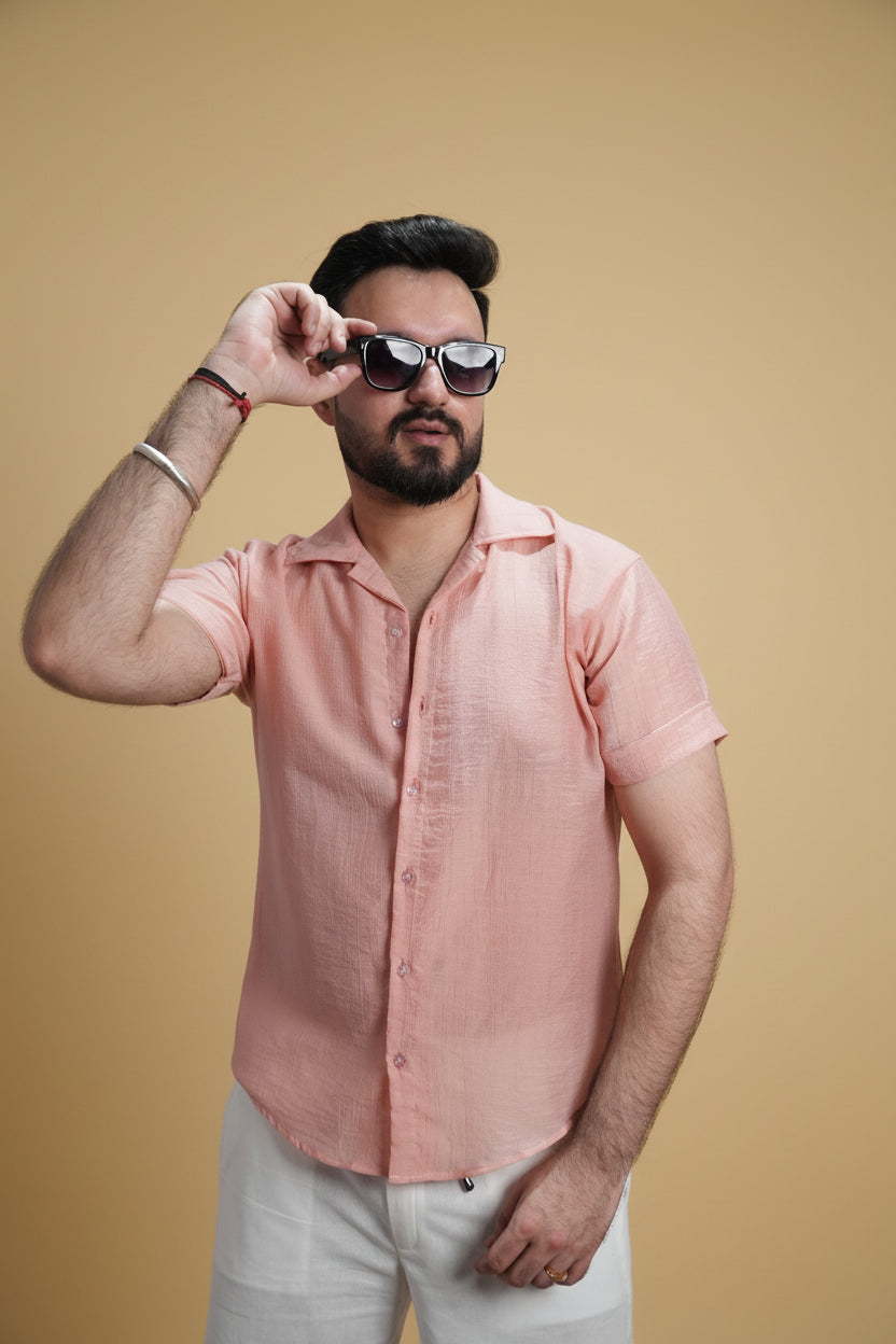 Men Light Pink Colour Chiffon Buttoned Shirt