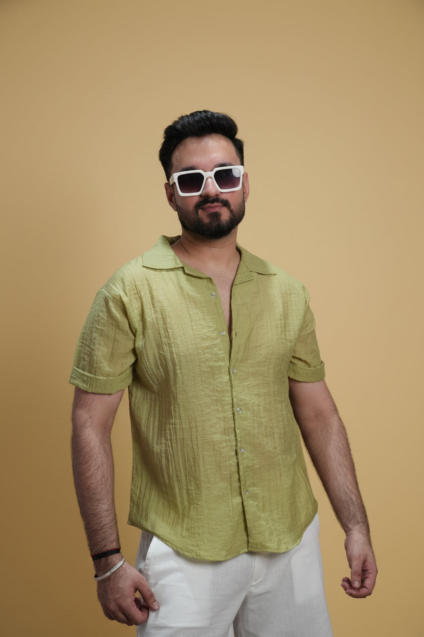Men Sage Green Colour Chiffon Buttoned Shirt