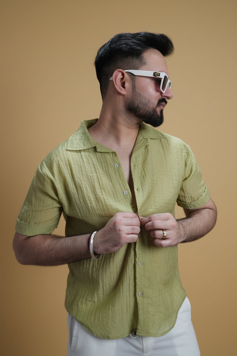 Men Sage Green Colour Chiffon Buttoned Shirt