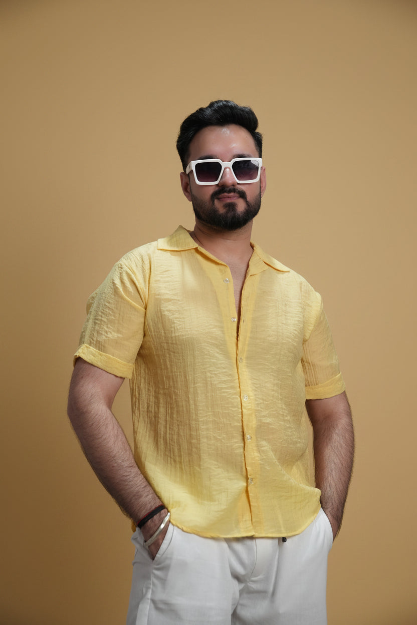 Men Yellow Colour Chiffon Buttoned Shirt