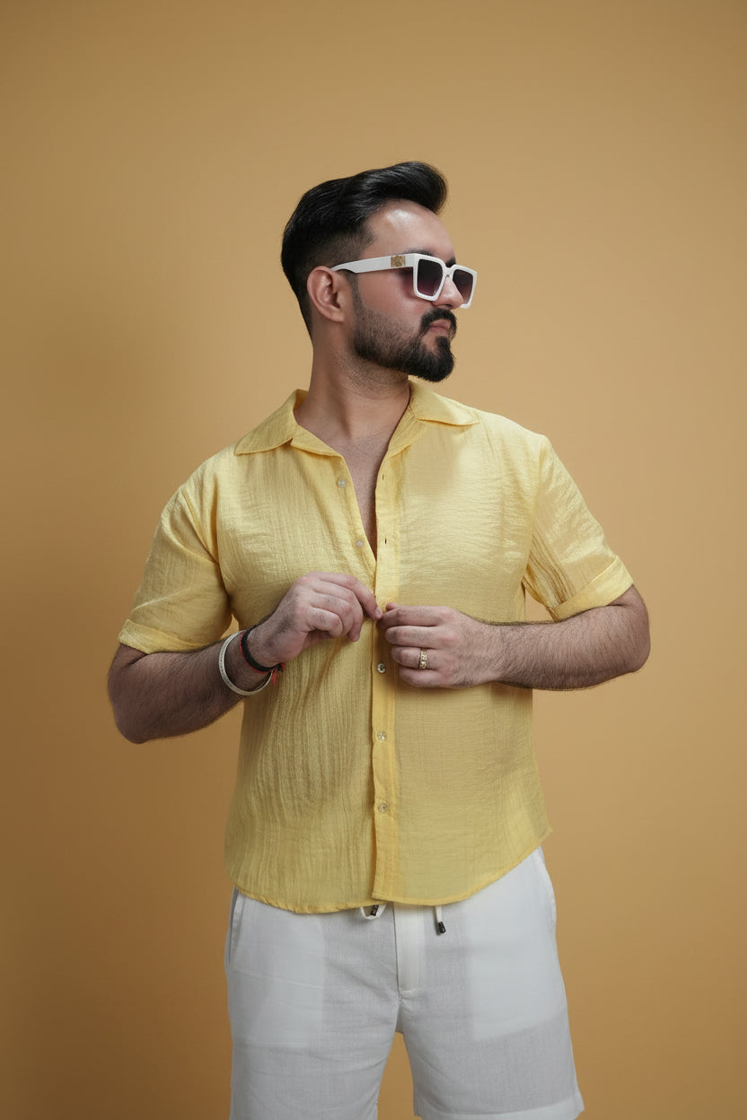 Men Yellow Colour Chiffon Buttoned Shirt