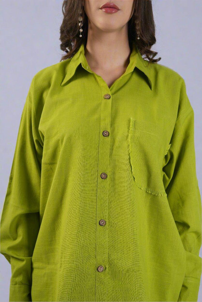 
                      
                        Women trendy Oversized Cotton Shirt Green
                      
                    