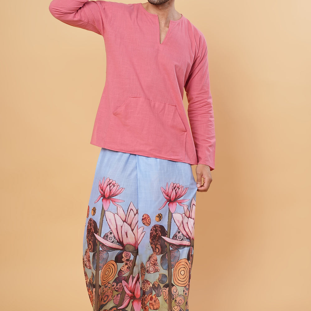 
                      
                        Pink Lotus Printed Pajamalungi Kurta Set
                      
                    