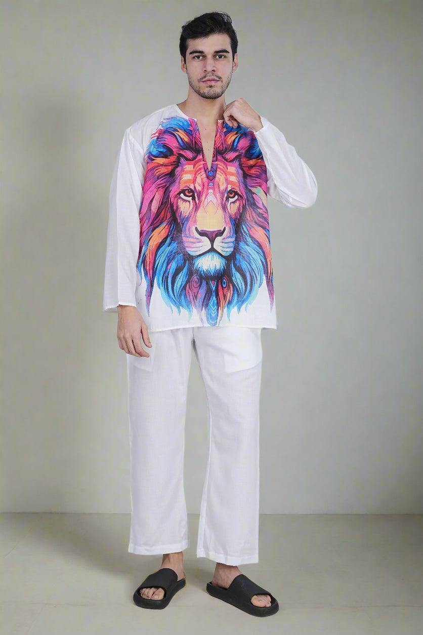 Regal Roar Lion Print Kurta - Nirmal Online