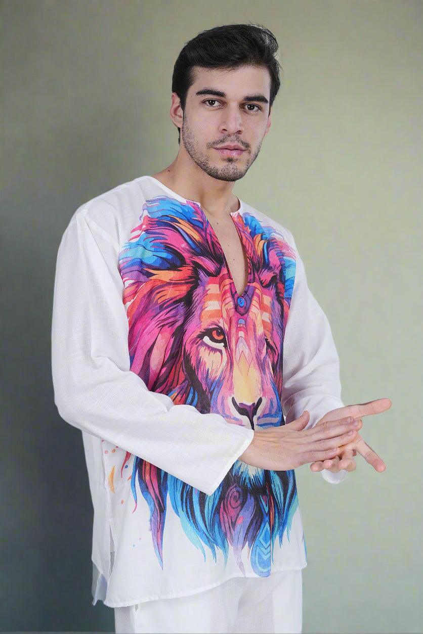 Regal Roar Lion Print Kurta - Nirmal Online