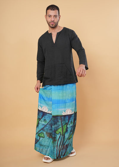 Blue Serenity Lotus Print Kurta Pajamalungi Set
