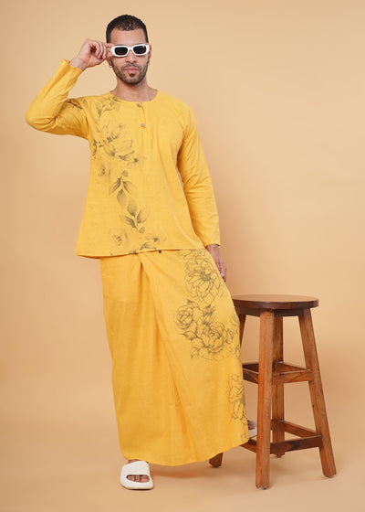 Mustard Floral Printed Kurta Pajamalungi Set