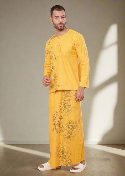 Mustard Floral Printed Kurta Pajamalungi Set