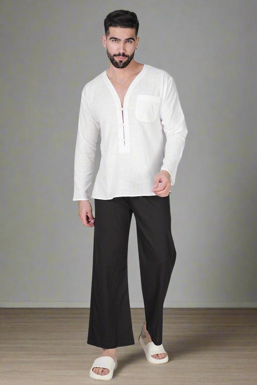 White self button Kurta - Nirmal Online
