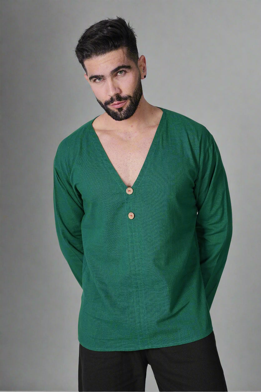 V-Neck Buttoned Green Kurta