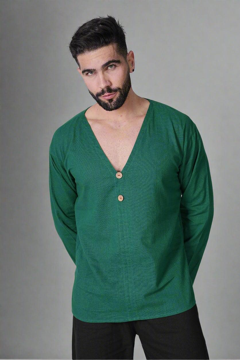 V-Neck Buttoned Green Kurta - Nirmal Online