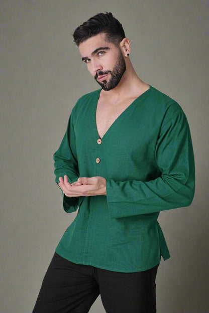 V-Neck Buttoned Green Kurta