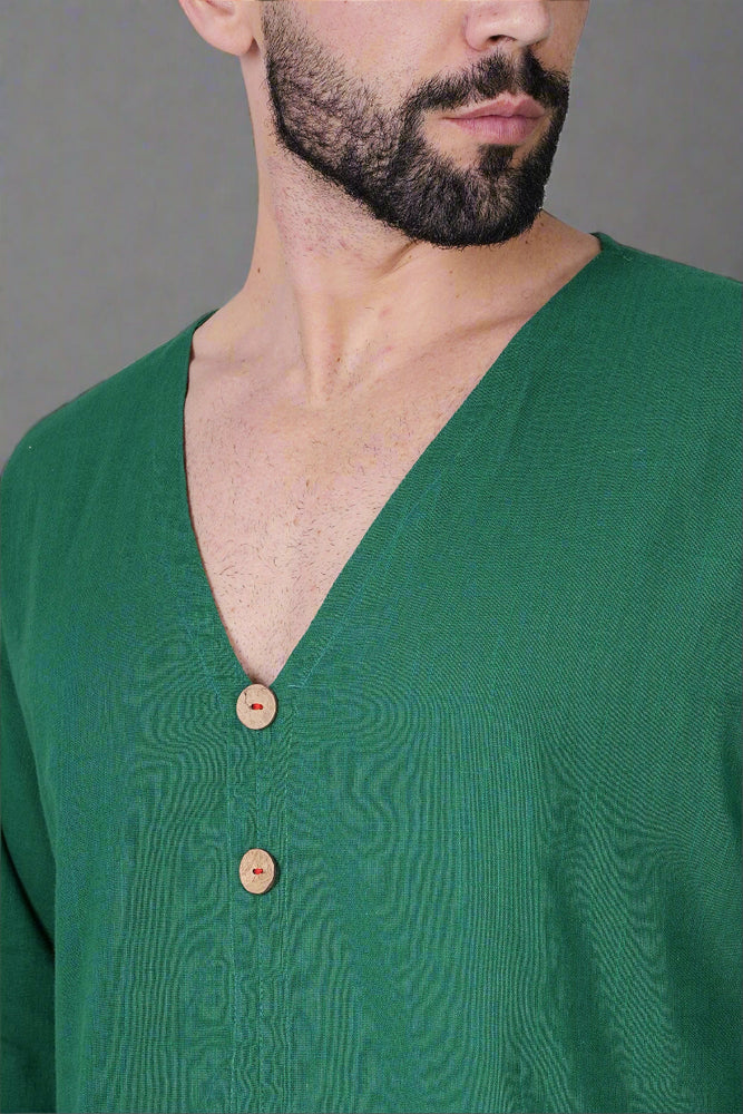 V-Neck Front Buttoned Green Kurta Pajama Set