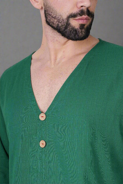 V-Neck Buttoned Green Kurta