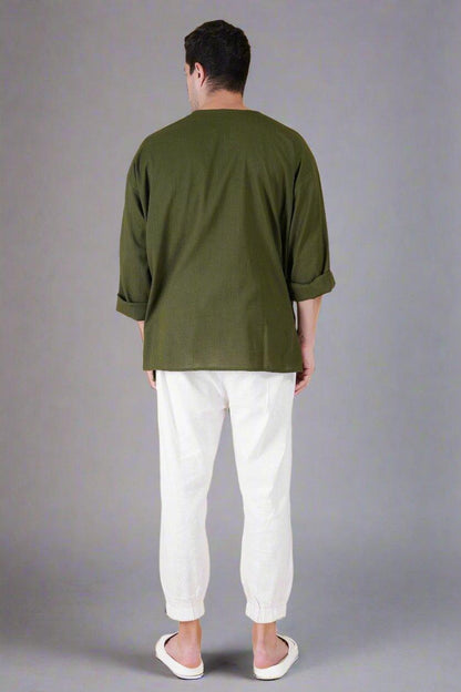 Olive Green Off Shoulder Loose Cotton Kurta