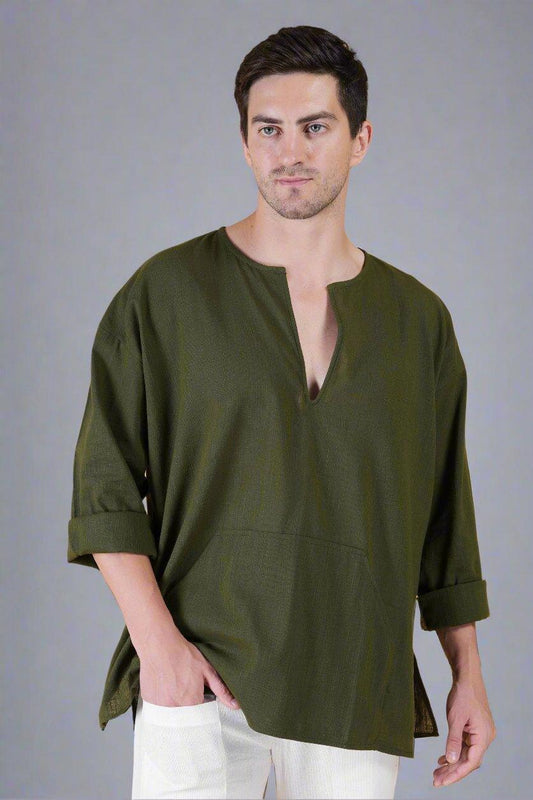 Olive Green Off Shoulder Loose Cotton Kurta