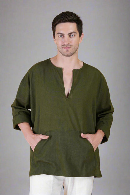 Olive Green Off Shoulder Loose Cotton Kurta