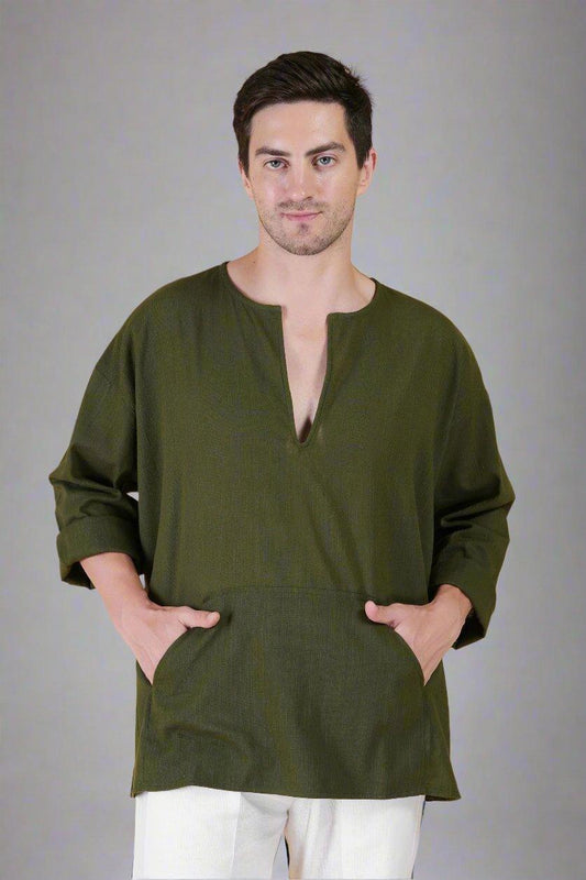 Olive Green Off Shoulder Loose Cotton Kurta