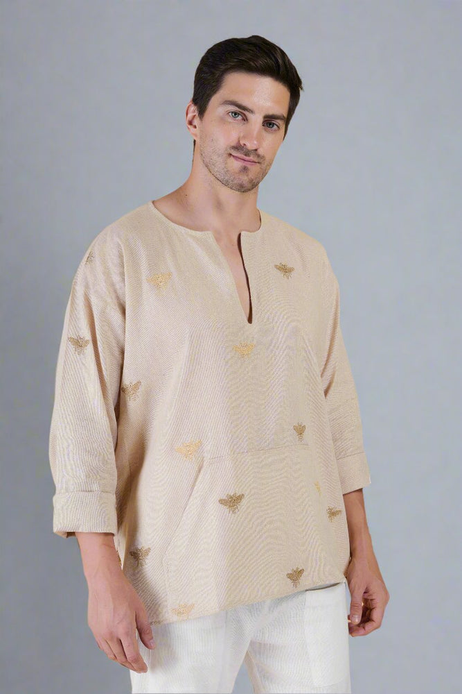 Honey bee embroidered Cotton Kurta & White Pajama Set