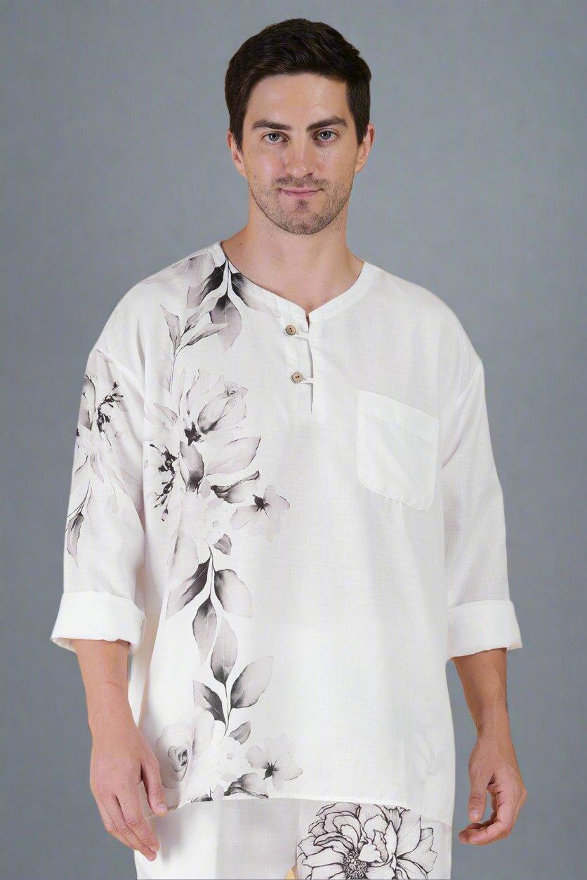 Flower Printed White Kurta - Nirmal Online