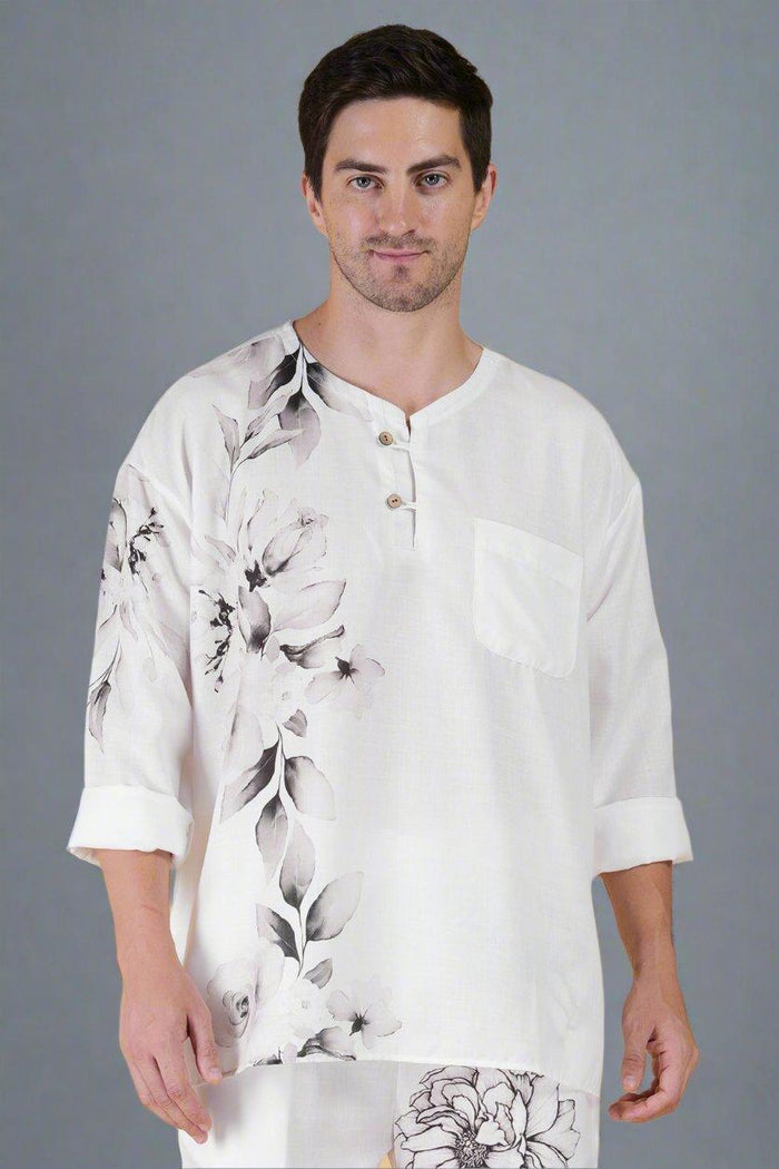 Flower Printed White Kurta - Nirmal Online