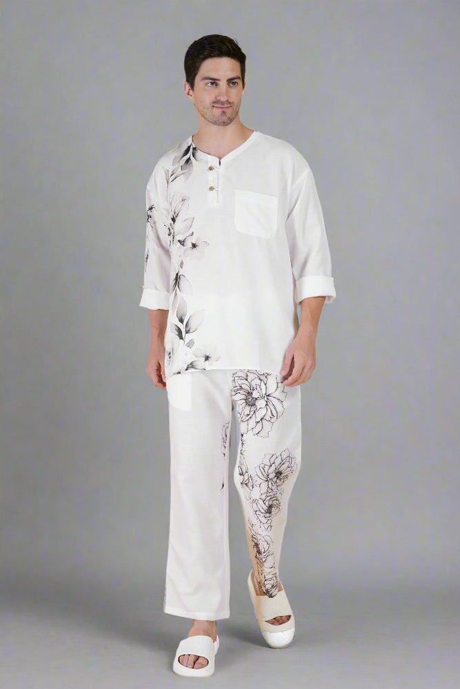 
                      
                        Flower Printed White Kurta & Pajama set
                      
                    