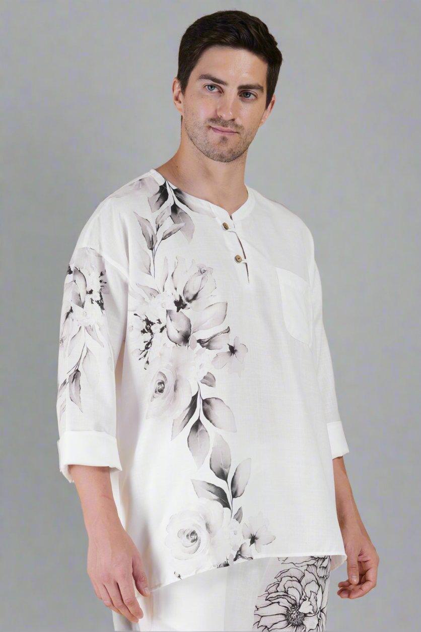 Flower Printed White Kurta - Nirmal Online