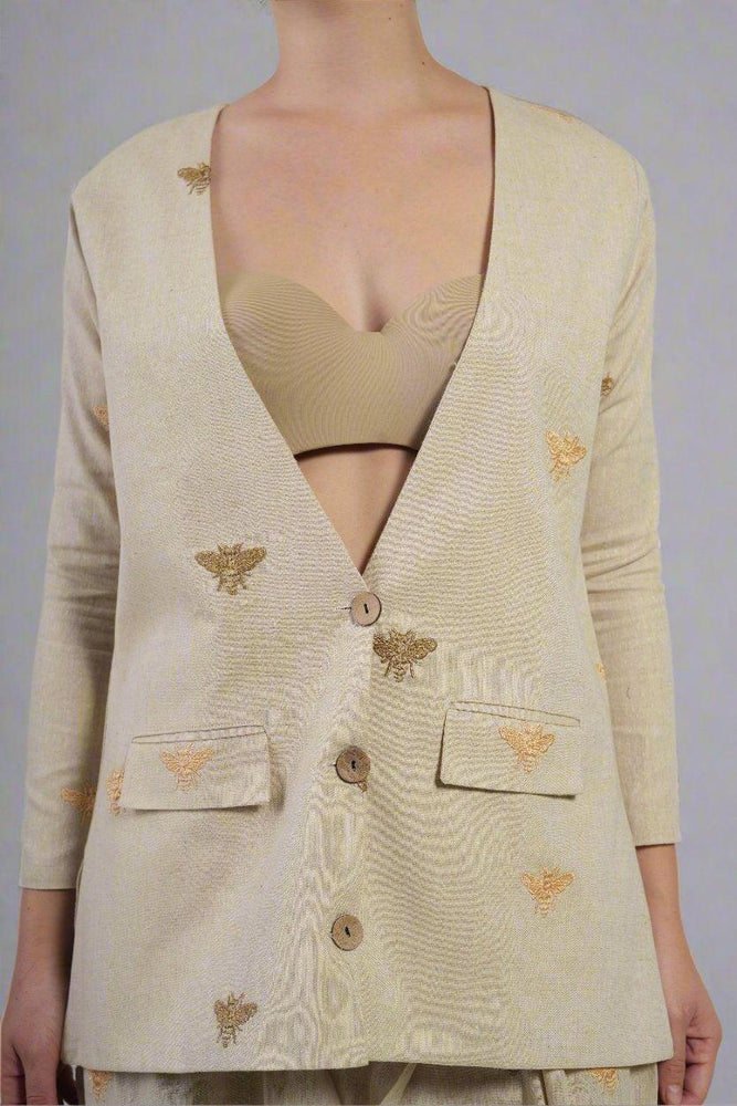 Women long sleeve front button honey bee embroidery blazer