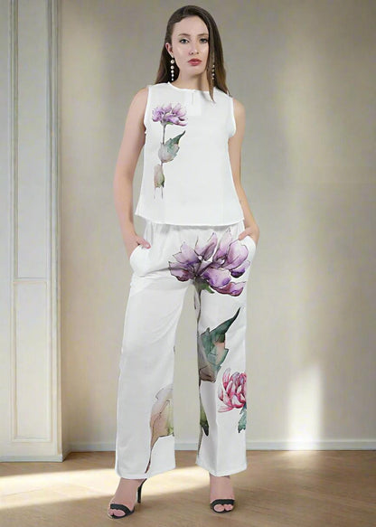 Elastic Waist Floral Digital Print Trousers In Luxe Poly Linen