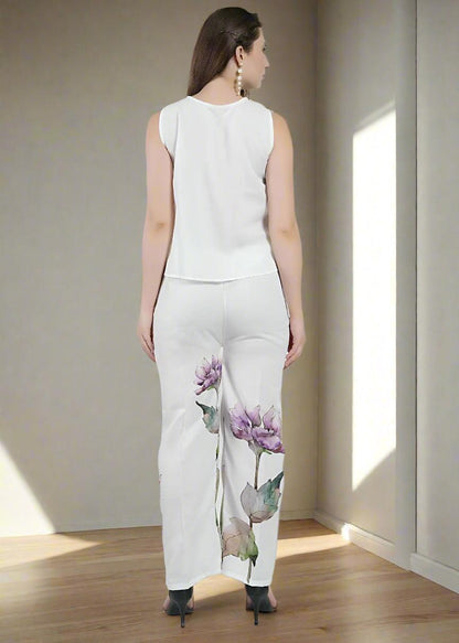 Elastic Waist Floral Digital Print Trousers In Luxe Poly Linen