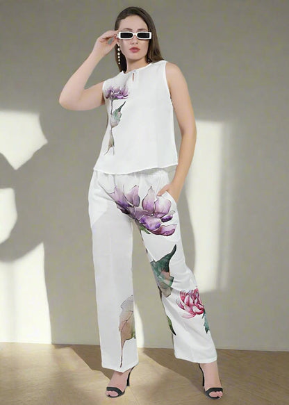 Elastic Waist Floral Digital Print Trousers In Luxe Poly Linen