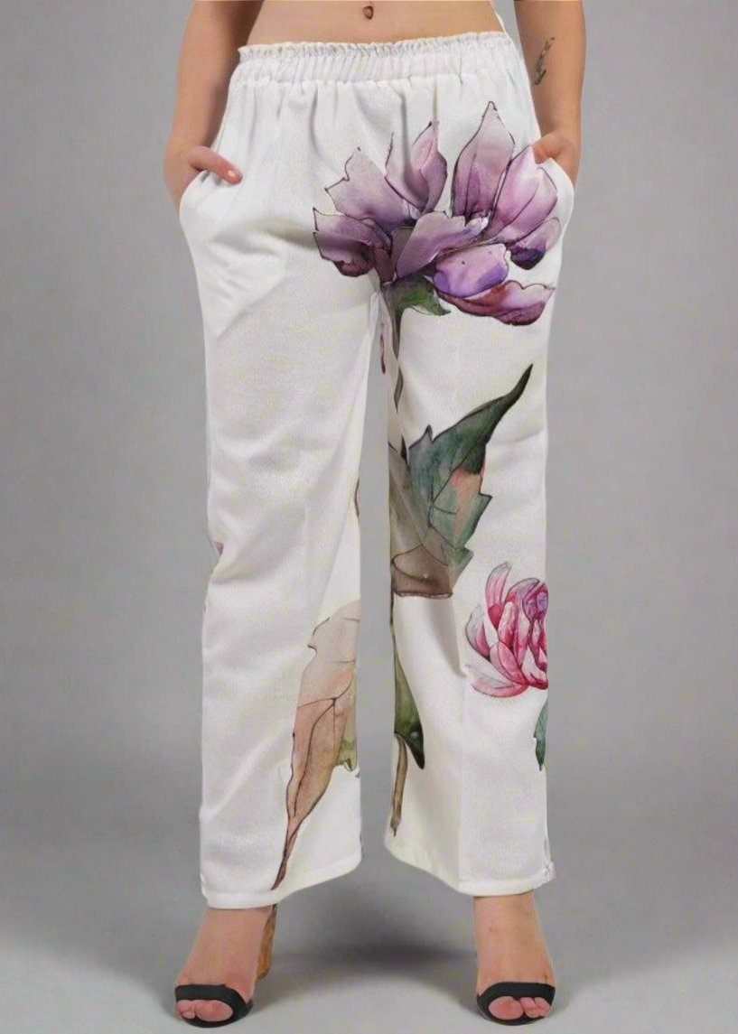 Elastic Waist Floral digital Print Trousers in Luxe Poly Linen