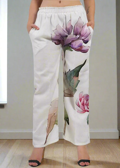 Elastic Waist Floral Digital Print Trousers In Luxe Poly Linen