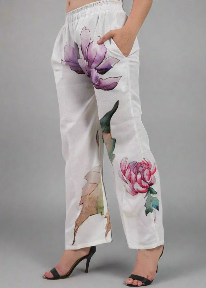 
                      
                        Elastic Waist Floral digital Print Trousers in Luxe Poly Linen
                      
                    