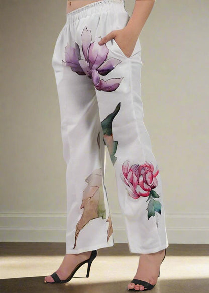 Elastic Waist Floral Digital Print Trousers In Luxe Poly Linen