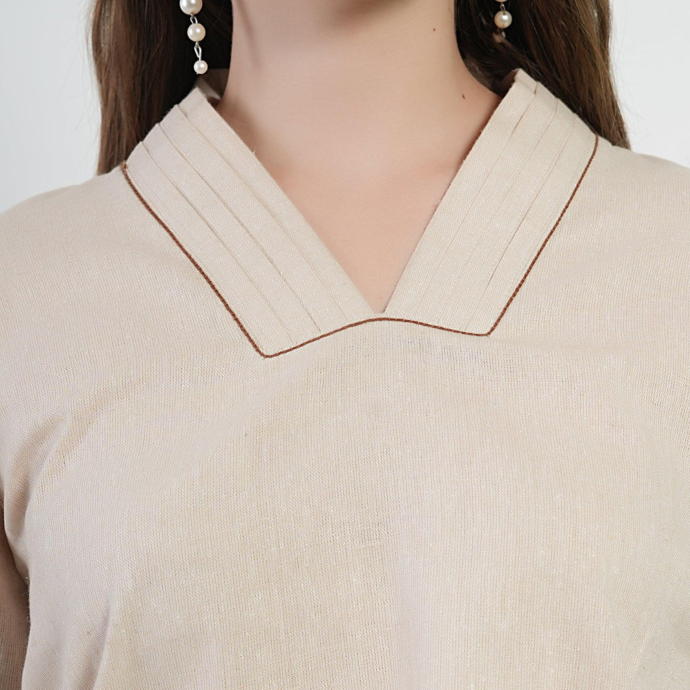 
                      
                        Beige V-Neck Gathered Cuff women top
                      
                    