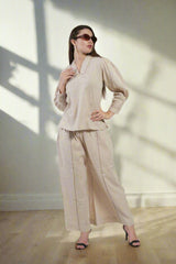 Beige V-Neck Gathered Cuff Women Top