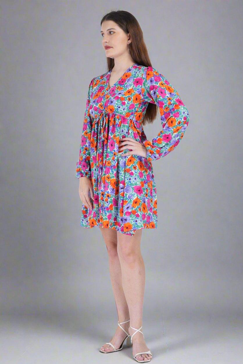 Multi Color Flower Printed Short Dress