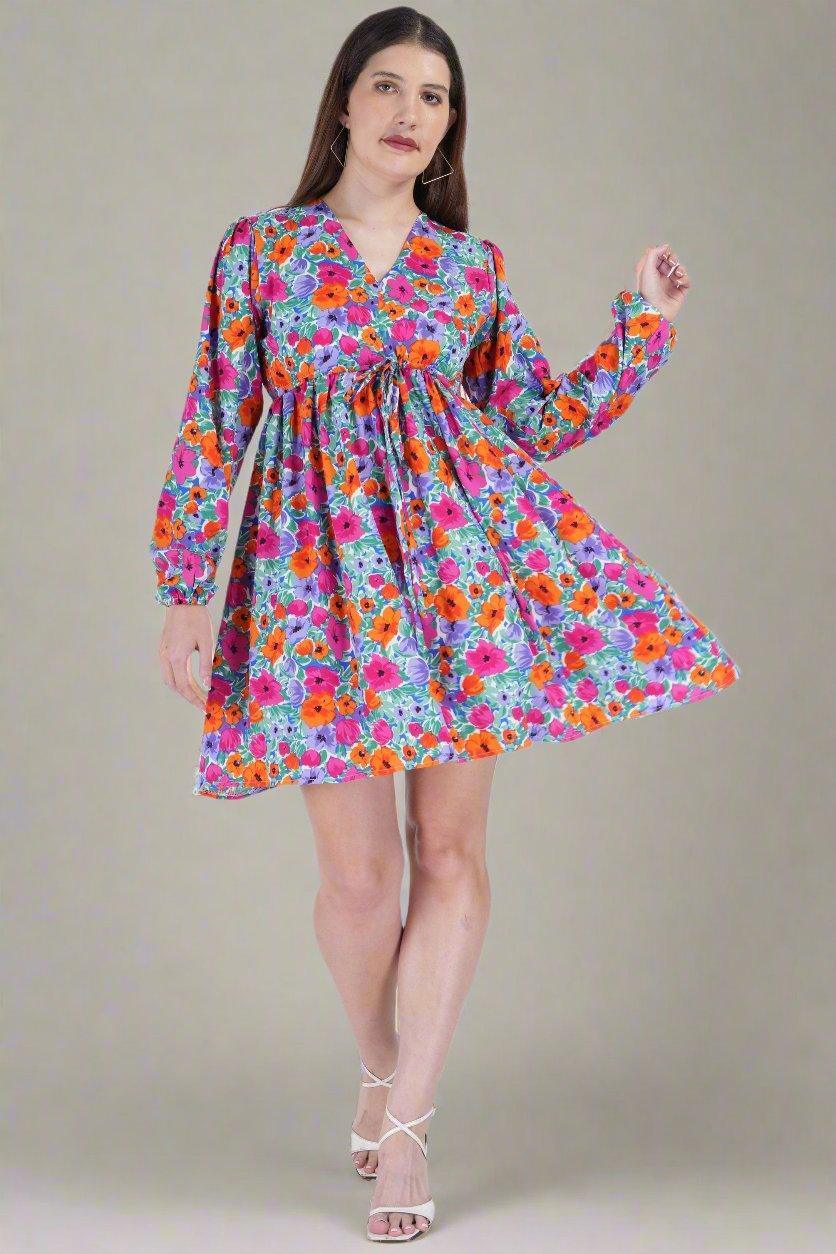 Multi Color Flower Printed Short Dress - Nirmal Online