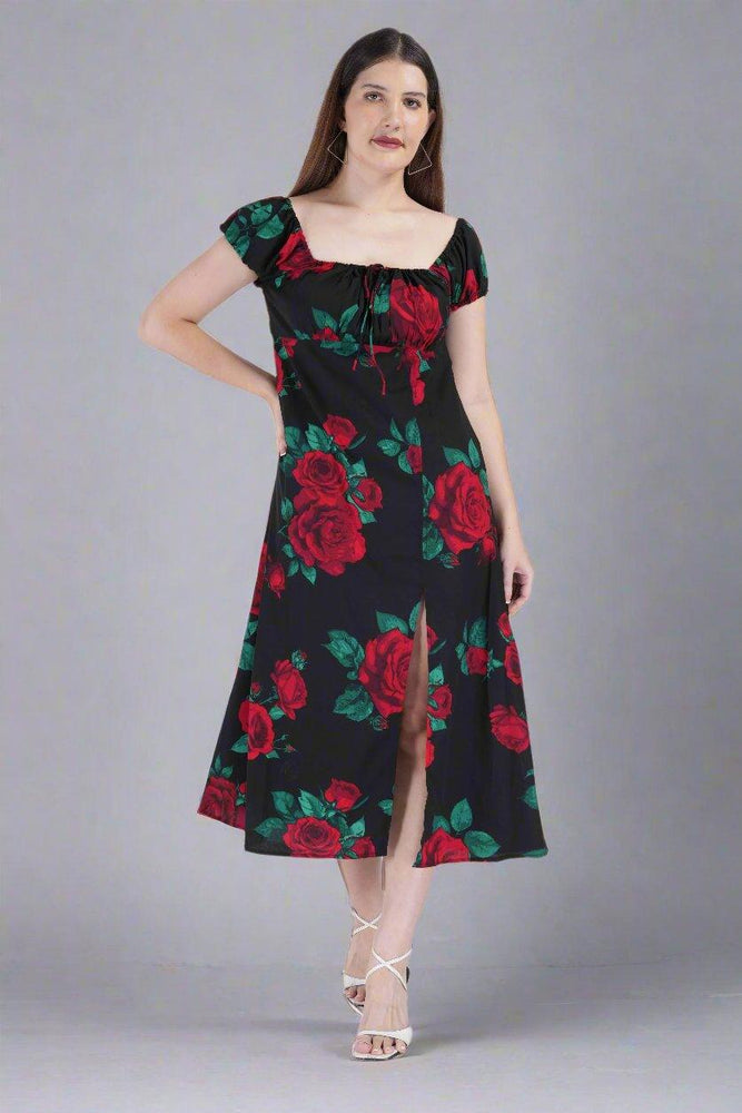 Red Rose Printed On Black Dress