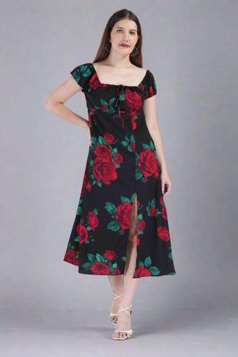Elegant Rose Blossom Slit Midi Dress