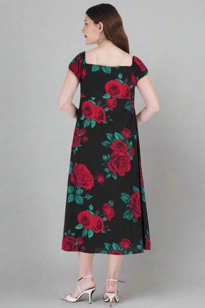 Elegant Rose Blossom Slit Midi Dress