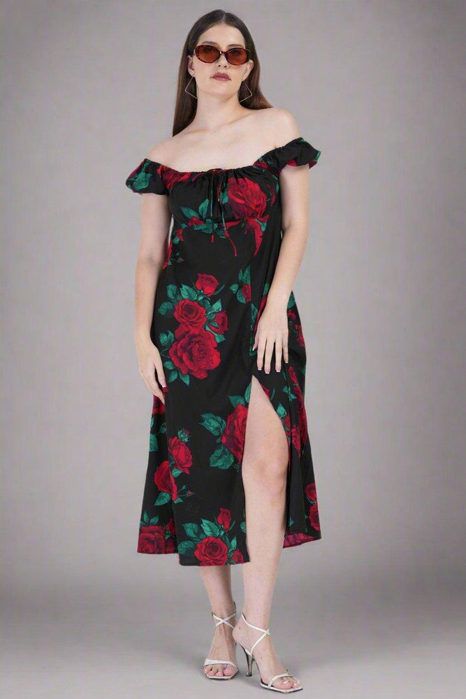 Red Rose Printed On Black Dress