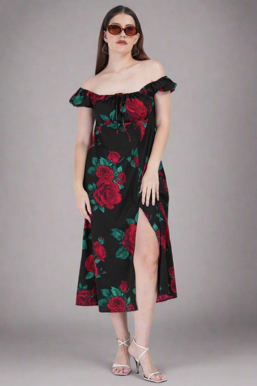 Elegant Rose Blossom Slit Midi Dress