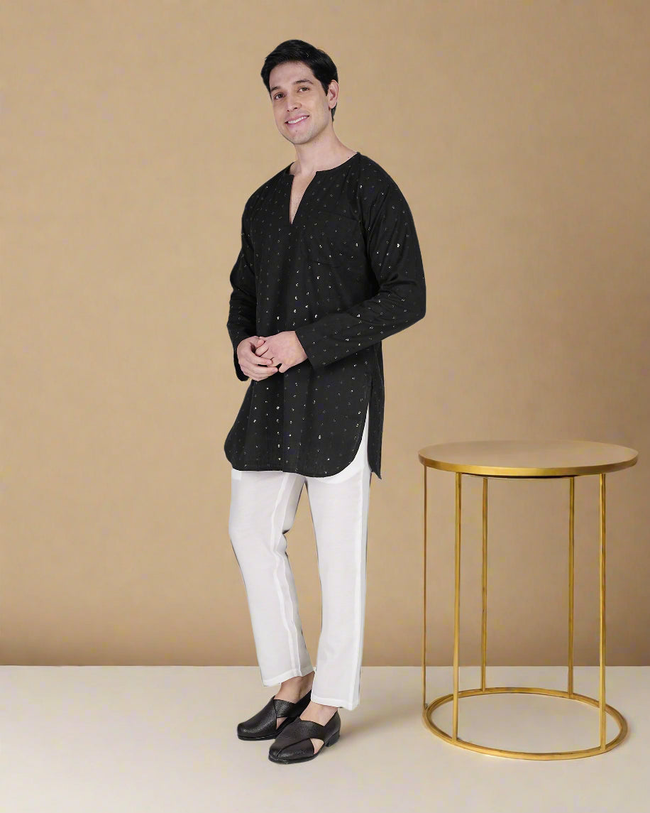 Men’s Cotton Flex Kurta With Line Embroidery And Sequins And Pajama Set