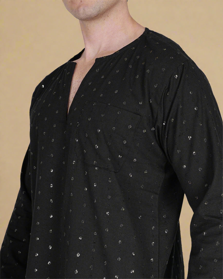 Men’s Cotton Flex Kurta With Line Embroidery And Sequins And Pajama Set