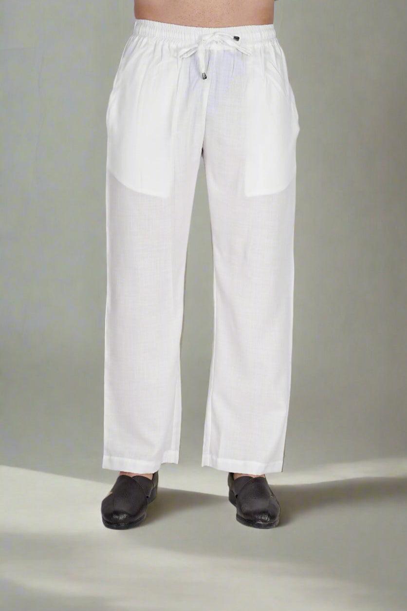 White Poly linen evergreen Pajama - Nirmal Online